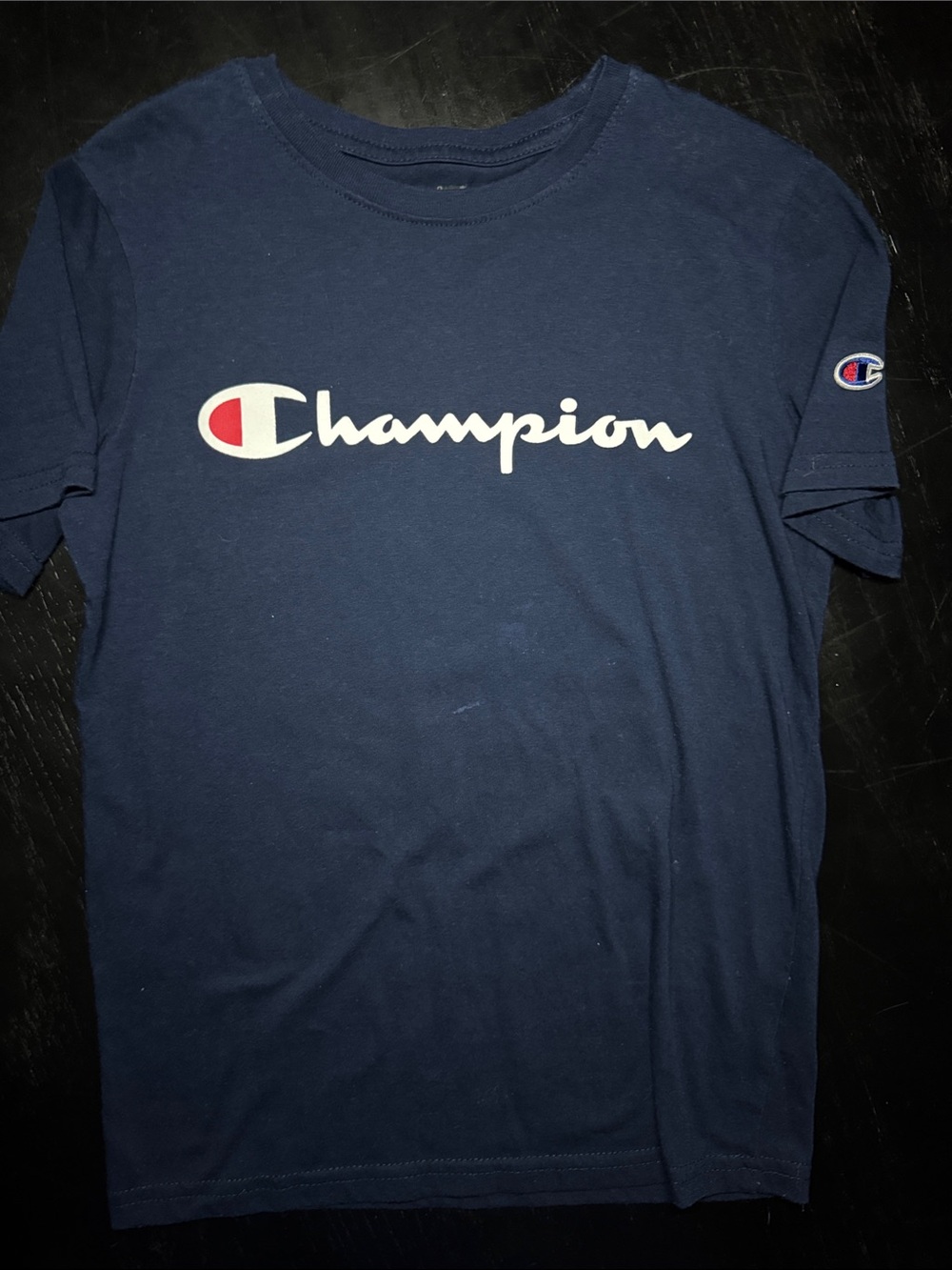Champion Navy Blue Script Logo Short Sleeve Tee